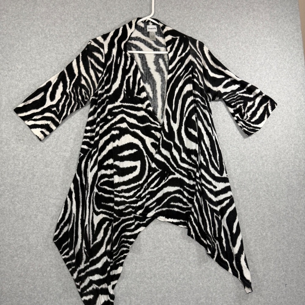 Chico's Zebra Print Cardigan Womens 1 Medium Black White Open Front‎ Asymmetric